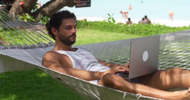 Rahat Girişimci Adamı Dizüstü Bilgisayarı Açar Sahil Şeridindeki Iki Palmiye — Stok video