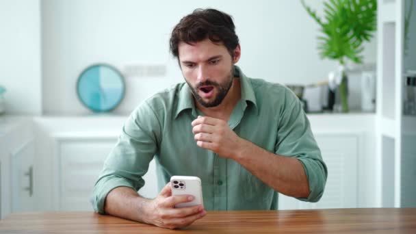 Dark Haired Bearded Caucasian Young Man Shocked Bad News Smartphone — Stock Video