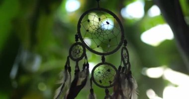 Mistik bir düş kapanı silueti tropik bir ortamda gölgede asılı duruyor. Şamanik özellikler, büyücülük ve sihir yüksek kalitede 4K görüntü.