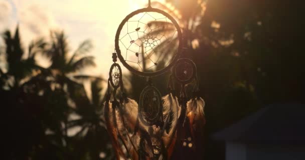 Close Silhouette Dreamcatcher Feathers Flying Wind Hunter Dreams Sunset Concept — Stock Video