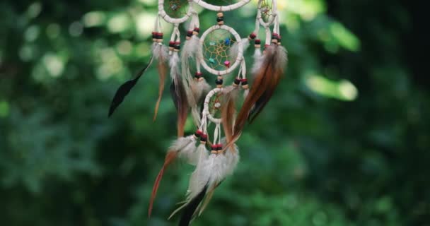 用在风中飘扬的羽毛把一部分捕梦者圈起来 梦的猎手宗教的概念和神秘的护身符 — 图库视频影像