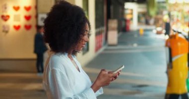 Yan görüş: Çekici Afrikalı Amerikalı kadın, cep telefonundan SMS okuyor, şehir girişinin önünde duruyor.
