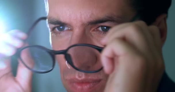 Close Business Man Taking His Glasses Suffering Headache Overworking Computer — Stock videók