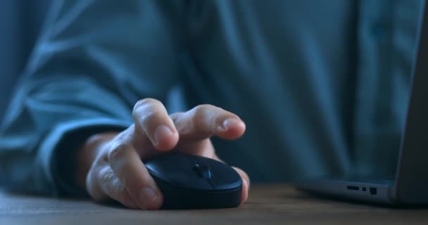 Close Aggressive Man Clicks Computer Mouse Furiously Hits His Fist — Videoclip de stoc