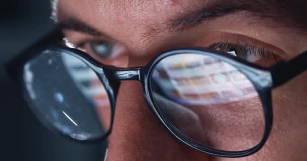 Close Business Male Face Eyeglasses Working Computer Late Scrolling Internet — Stock videók