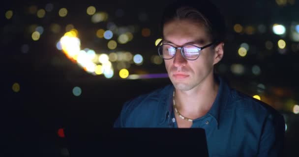 Portrait Male Student Working Remotely Laptop Home Balcony Backdrop Night — Stock Video