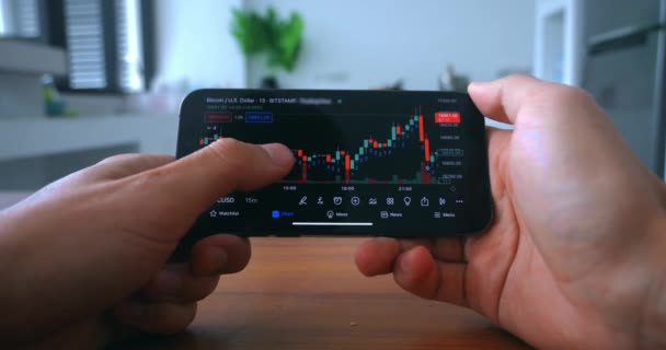 Close Male Investor Using Smartphone App Analyzing Financial Stock Market — Stock video