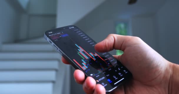 Close Trader Investor Broker Using Mobile Phone App Analyzing Financial — Vídeos de Stock