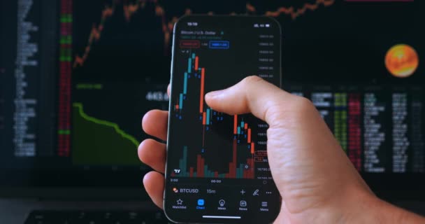 Male Investor Working Mobile Phone Crypto Stock Exchange Front Stock — Stockvideo