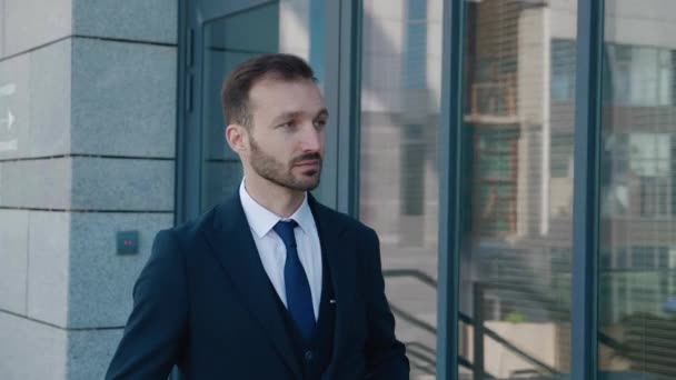 Young Man Business Suit Goes Job Interview Office Worker Walks — Vídeos de Stock