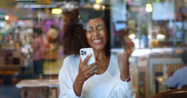 Happy African American Woman Write Message Mobile Phone Rejoices Clenches — Video