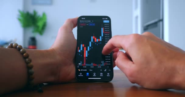 Close Crypto Trader Investor Broker Using Smartphone App Analyzing Financial — Video