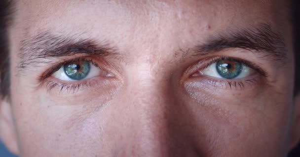 Закрыть Лицо Мана Белый Молодой Человек Голубыми Глазами Смотрящий Камеру — стоковое видео