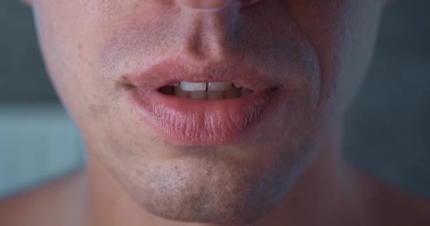 Close Positive Male Millennial Smile Teeth Detail Relaxed Male Mouth — Stockvideo