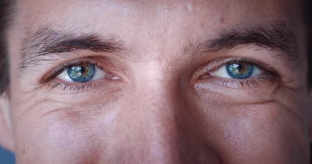 Посміхнися Чоловіче Обличчя Кавказький Молодий Чоловік Блакитними Очима Посміхається Дивиться — стокове відео