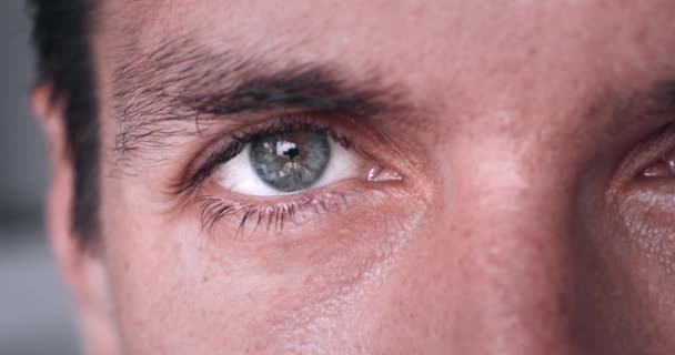 Zavřete Šedé Mužské Oko Dívejte Zpomaleně Kamery Detailní Záběr Šedého — Stock video