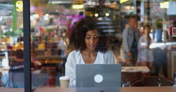 African American Woman Successful Freelancer Positive Emotions Taking Sip Coffee — Vídeos de Stock