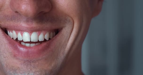 閉じる半分の幸せな男30代の白い歯で笑みを浮かべて顔 歯で微笑む白人男性の口を閉じてください ハンサムな男の笑顔マクロショット — ストック動画