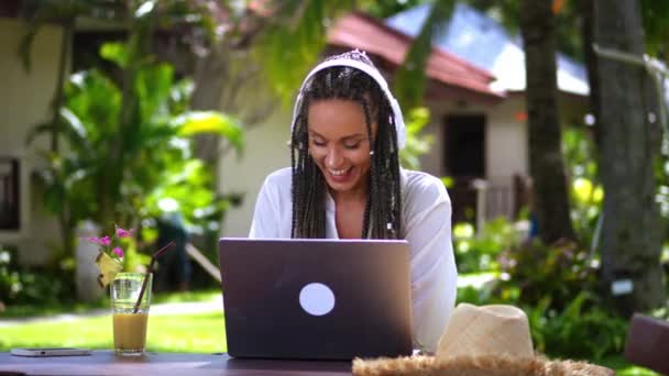 Happy Female Freelance Designer Working Remotely Laptop Cozy Street Cafe — Stock video