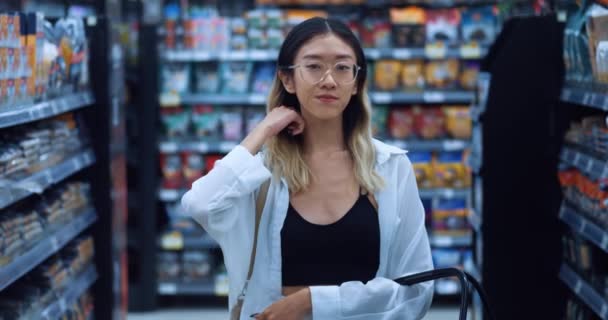 Portrait Asian Young Woman Consumer Basket Hands Stands Grocery Supermarket — Stock Video