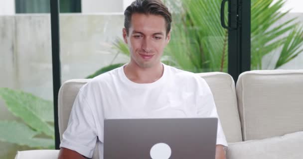 Young Man Millennial Entrepreneur Sitting Sofa Working Laptop Computer Portrait — Vídeos de Stock