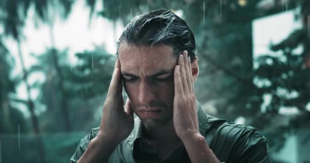 沮丧的男人患有头疼和情绪问题 经历着强烈的生活危机 站在雨中 按摩他的太阳穴 电影录像让人在户外雨天情绪低落 — 图库视频影像