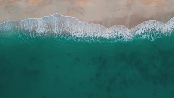 俯瞰海滩和海浪透明的绿色海水 鸟瞰美丽的绿松石海浪冲破沙滩海岸线 空中拍摄的海滩遭遇深蓝色的海水和泡沫般的波浪 — 图库视频影像