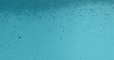 Yağmur damlaları yavaş çekimde su yüzeyine düşer. Yağmur mevsiminde dışarıda yağmur yağarken yakın durun. Yağmur damlaları yağıyor. Şiddetli yağmur kavramı.