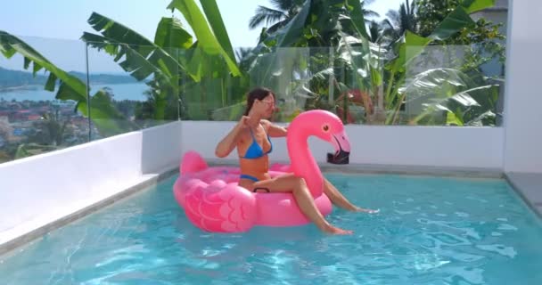 비키니를 여행중에 선글라스를 굽이치는 분홍색 플라밍고를 수영하는 즐거운 휴일을 즐기는 — 비디오
