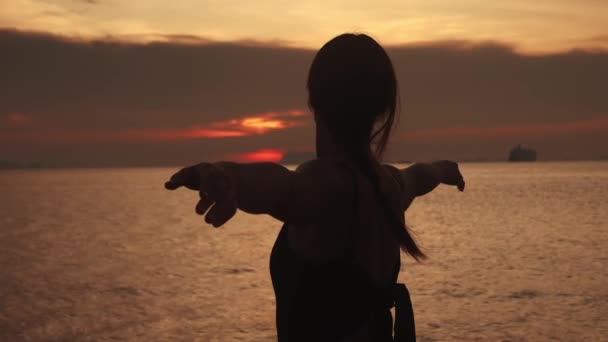 Silhueta Jovem Fêmea Fica Lado Contra Pano Fundo Mar Com — Vídeo de Stock