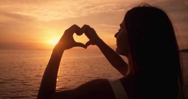 Barışçıl Kadın Turistin Elleri Yaz Tatilinde Seyahat Ederken Günbatımında Kalp — Stok video