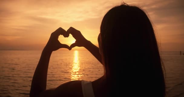 美しい女性のシルエットハートサインジェスチャーを作り 手をつなぐ海の夕日を見上げます ラブサインのコンセプト 後方の景色女性は日没時に手から愛の心の形を作る 夏休み — ストック動画