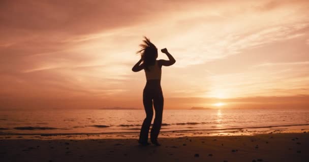 夕阳西下 年轻女子的后视镜映入眼帘 在大海的背景下跳上海滩 举起双手 快乐而又热爱生命 青春和幸福 胜利与成功的概念 — 图库视频影像