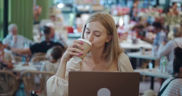 Smiling Young Woman Sitting Cafe Using Laptop Has Time Management — Stock Video