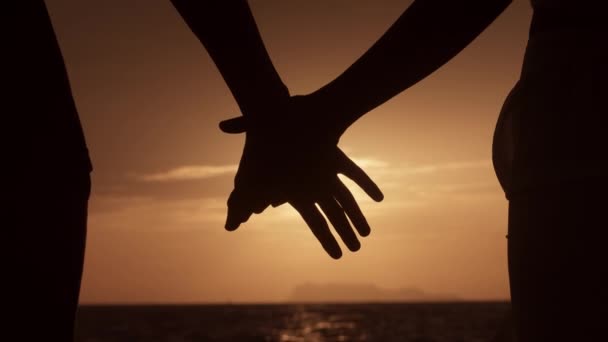 在日落海滩上 男人和女人手牵手合影 一对浪漫的夫妇手牵着手享受浪漫的约会 恋人们手挽手在海落时分的背景下 — 图库视频影像