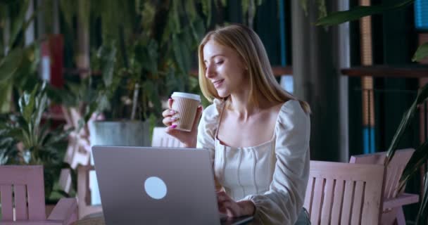 Blondynka Siedząca Przytulnej Kawiarni Blondynka Pijąca Kawę Patrząca Laptopie Kawiarni — Wideo stockowe