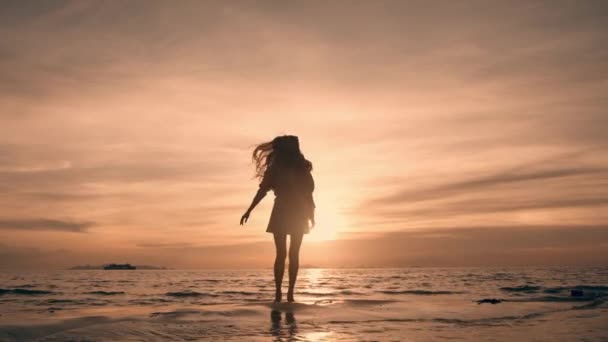 一个无忧无虑的快乐女人在海滩上跳跃 在日出时分在海上欢欣雀跃 她跳跃着 玩得很开心 无忧无虑的女游客在海上享受暑假 在海上日落时享受生活的女人 — 图库视频影像
