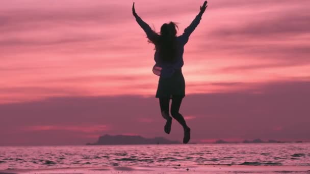 快乐的女性游客在粉色日落时跳上海滩 年轻女性游客的轮廓在缓慢的动作中欢乐地跳跃 快乐的女游客喜欢在海上度过暑假 幸福与成功的概念 — 图库视频影像