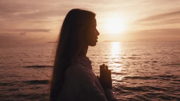 日落时分 女孩在海上双手交叉祈祷 勾勒出自己的轮廓 站在晚霞背景下祈祷的女人 女人向上帝祈祷 请求赦免罪 宗教概念 精神成长 — 图库视频影像