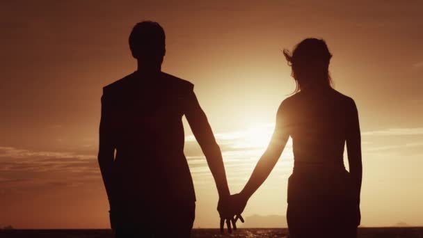 振り返ってみると 男性はオレンジ色の夕日を背景に女性の手を取ります ハネムーン旅行中に海で夕日を過ごす愛するカップルのシルエット 女性のための大人の愛の概念 — ストック動画