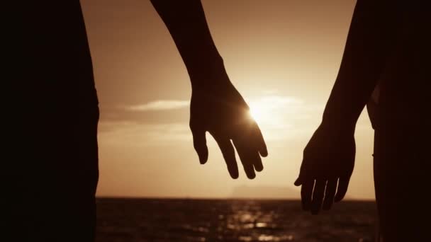 Закройте Руки Любящей Пары Держась Руки Фоне Солнца Семья Закате — стоковое видео