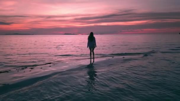 Щаслива Жінка Одязі Насолоджується Тропічним Заходом Сонця Відпочиваючи Тропічному Пляжі — стокове відео