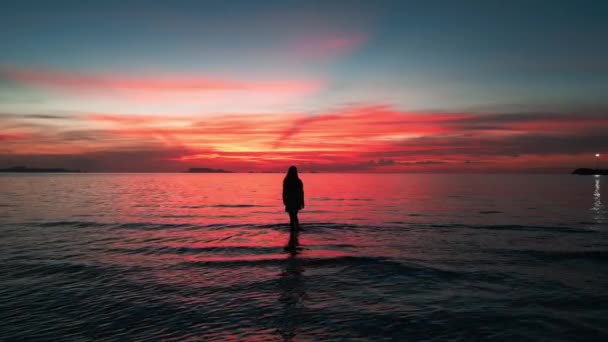Silueta Mujer Disfruta Caminar Por Playa Fantástico Mar Puesta Sol — Vídeos de Stock