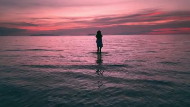 シネマティックショットかなり慎重な女性は 日没の海でビーチを散歩を楽しんでいます 夏休みには海の日没を楽しむ女性観光客 モチベーションのあるインスピレーションビデオ 世界中を旅する — ストック動画