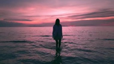 Denizde fantastik gün batımının akşam deniz manzarasında bir kadının silueti. Yaz tatili sırasında, gün batımı manzaralı cennette sahilde yürüyen bir kadın gezgin. Doğa ve güzellik kavramı