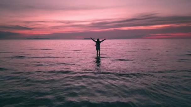 Ung Lycklig Kvinna Som Står Tropisk Strand Vid Havsvatten Paradisön — Stockvideo