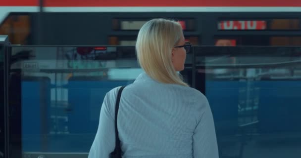 Γυναίκα Στο Μετρό Κινούμενο Τρένο Πίσω Όψη Γυναίκα Φοιτήτρια Που — Αρχείο Βίντεο