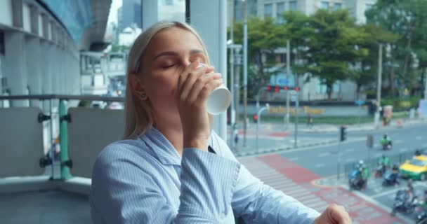 Woman Drinking Coffee Enjoying View City Young Caucasian Woman Enjoying — Stock Video