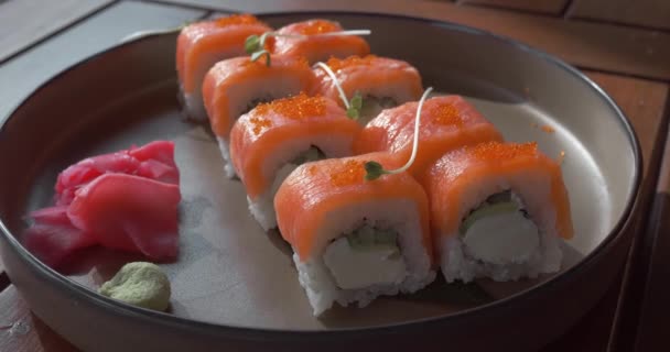 Delicious Sushi Set California Ready Plate Table Sushi Bar Japanese — Stock Video
