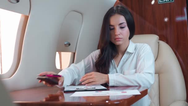 Flugzeug Der Ersten Klasse Verkörpert Die Erfolgreiche Frau Die Grenzenlosen — Stockvideo